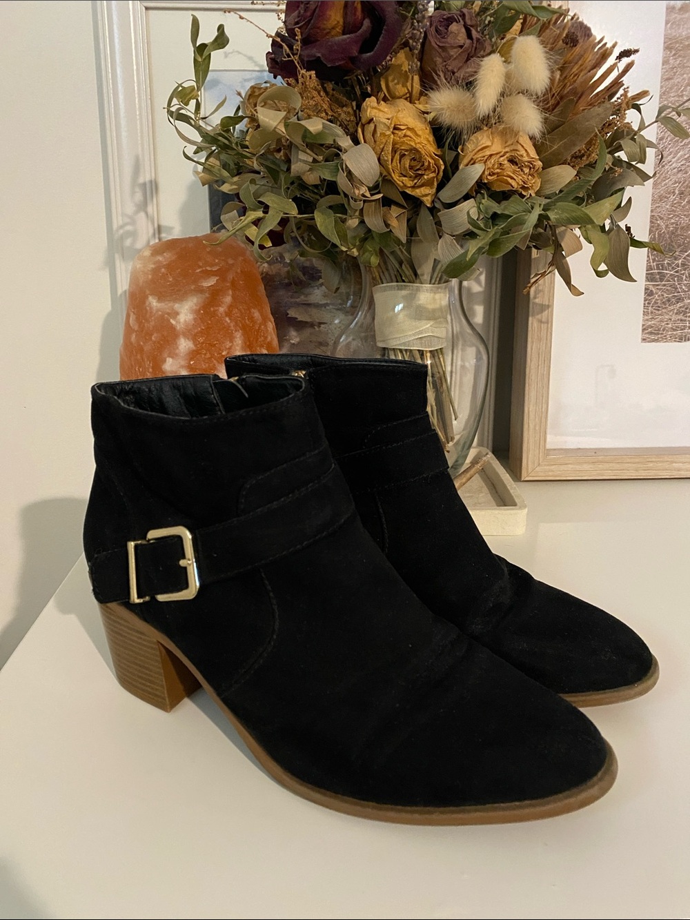 Black Suede Ankle Boots with Gold Buckle